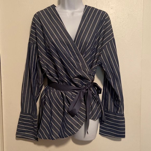 Who What Wear Pinstripe Wrap Around Blouse - Picture 2 of 8